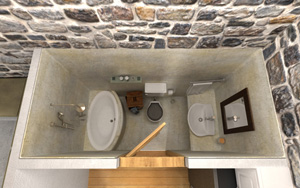 Εσωτερικό wc παραδοσιακού πέτρινου σπιτιού φωτορεαλιστική απόδοση