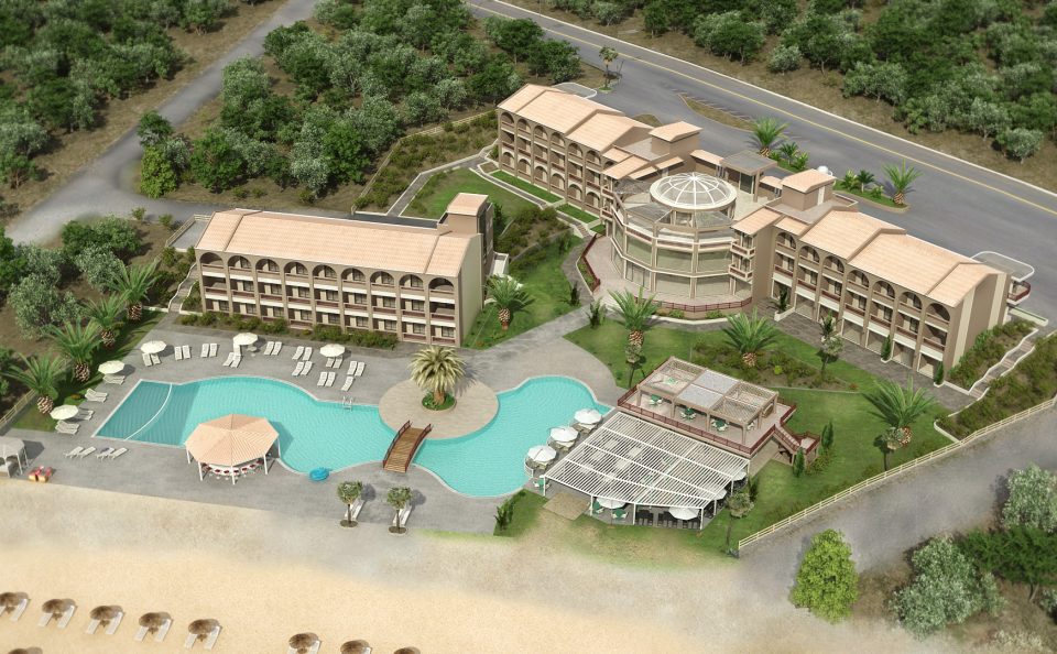 Λήψη από ψηλά ξενοδοχείο διαμόρφωση παραλία τρισδιάστατη μελλοντική σύνθεση