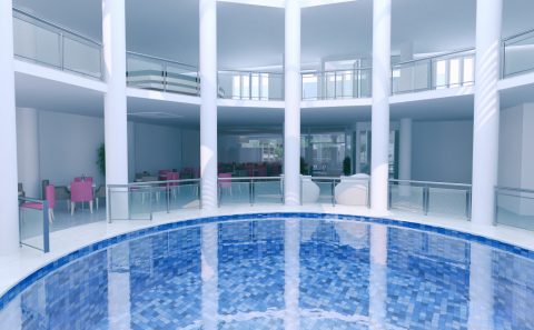 Εξωτερική στρογγυλή πισίνα ξενοδοχείου τρισδιάστατη φωτορεαλιστική εικόνα