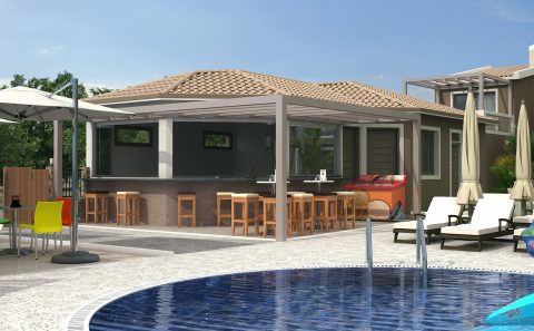 Σχεδιασμένη εικόνα πισίνας και μπαρ παραλιακού ξενώνα