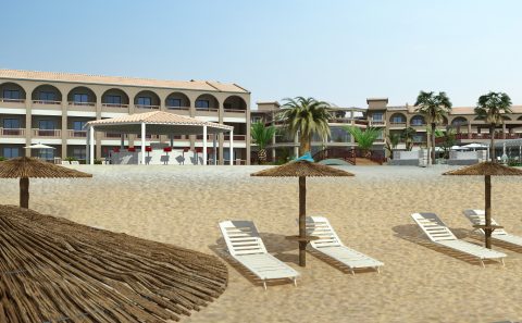 Παραλία με το ξενοδοχείο στο βάθος φωτοσύνθεση με τρισδιάστατα μοντέλα