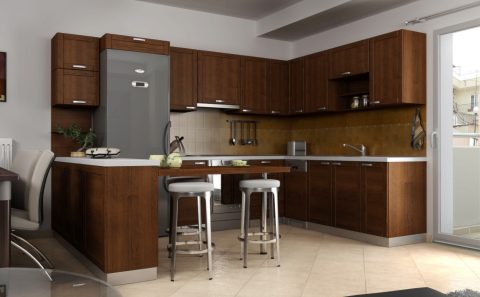 Κουζίνα σκούρο καφέ καπλαμά εικονική 3d προσομοίωση